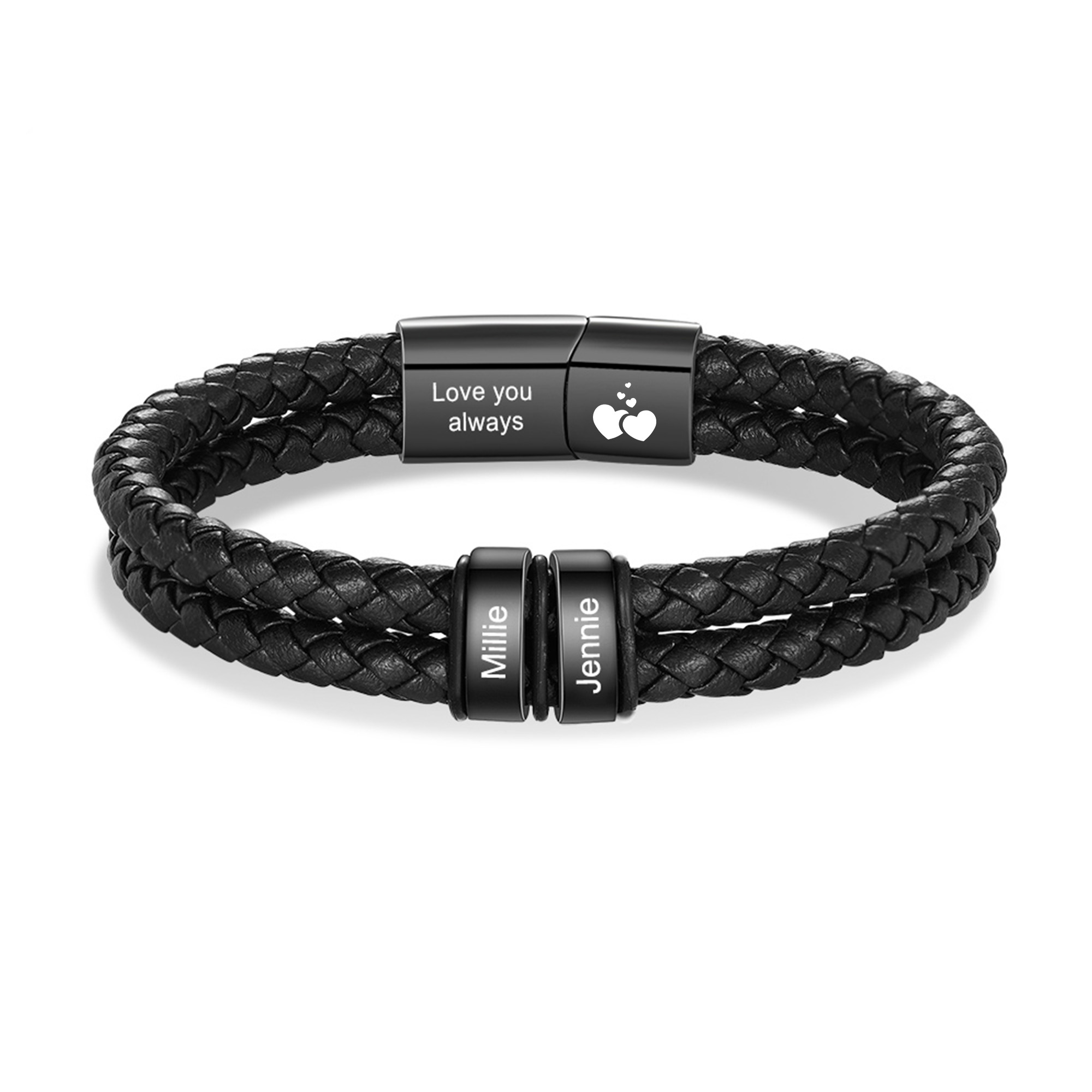 Personalized Black Braided Leather Bracelet Custom With 2-6 Names For Men