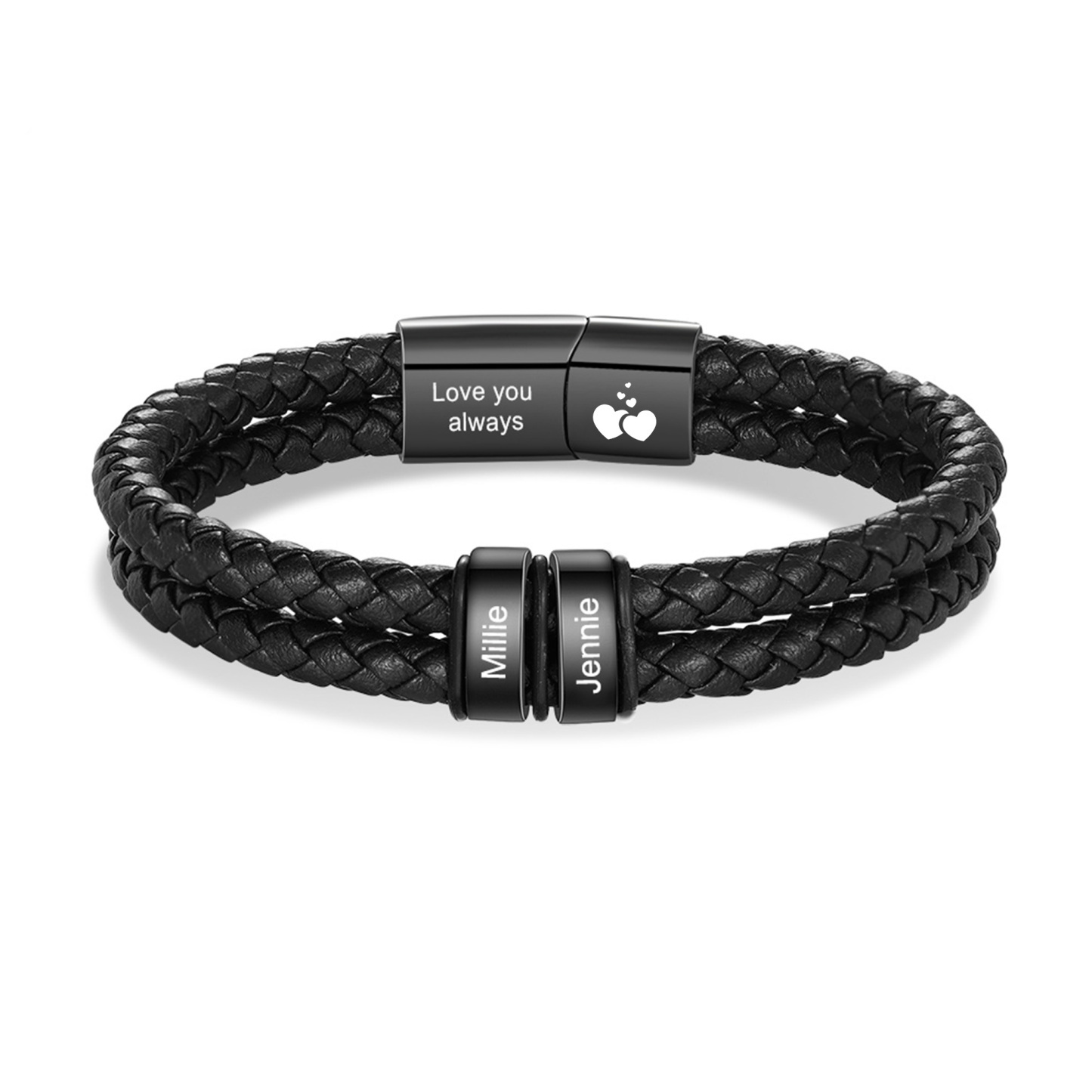 Customizable personalized braided leather bracelet with 2 to 6 names, birthday or wedding anniversary gift for husband, boyfriend, or dad | Jessemade