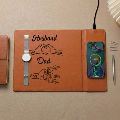 Personalized leather desk mat with wireless charging function, personalized with 1 to 8 names and fist design, Father’s Day gift for dad, husband, grandpa | Jessemade