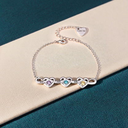 2-8 Names-Personalized Linked Heart Bracelet With 3 Birthstones Engraved Names And Text Bangle For Her | Jessemade