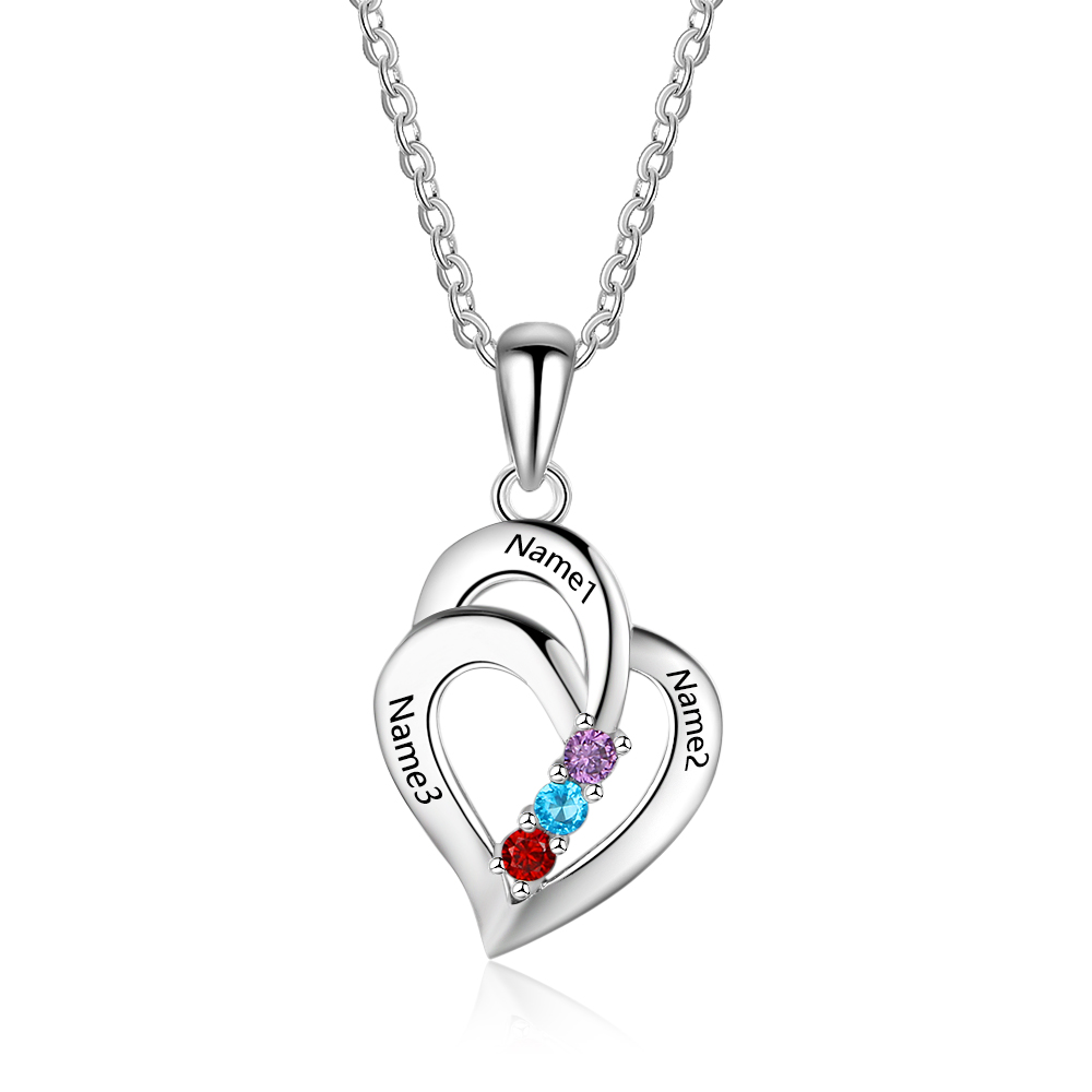 Personalized Heart S925 Necklace With 3 Birthstones Engraved Names Gift For Her