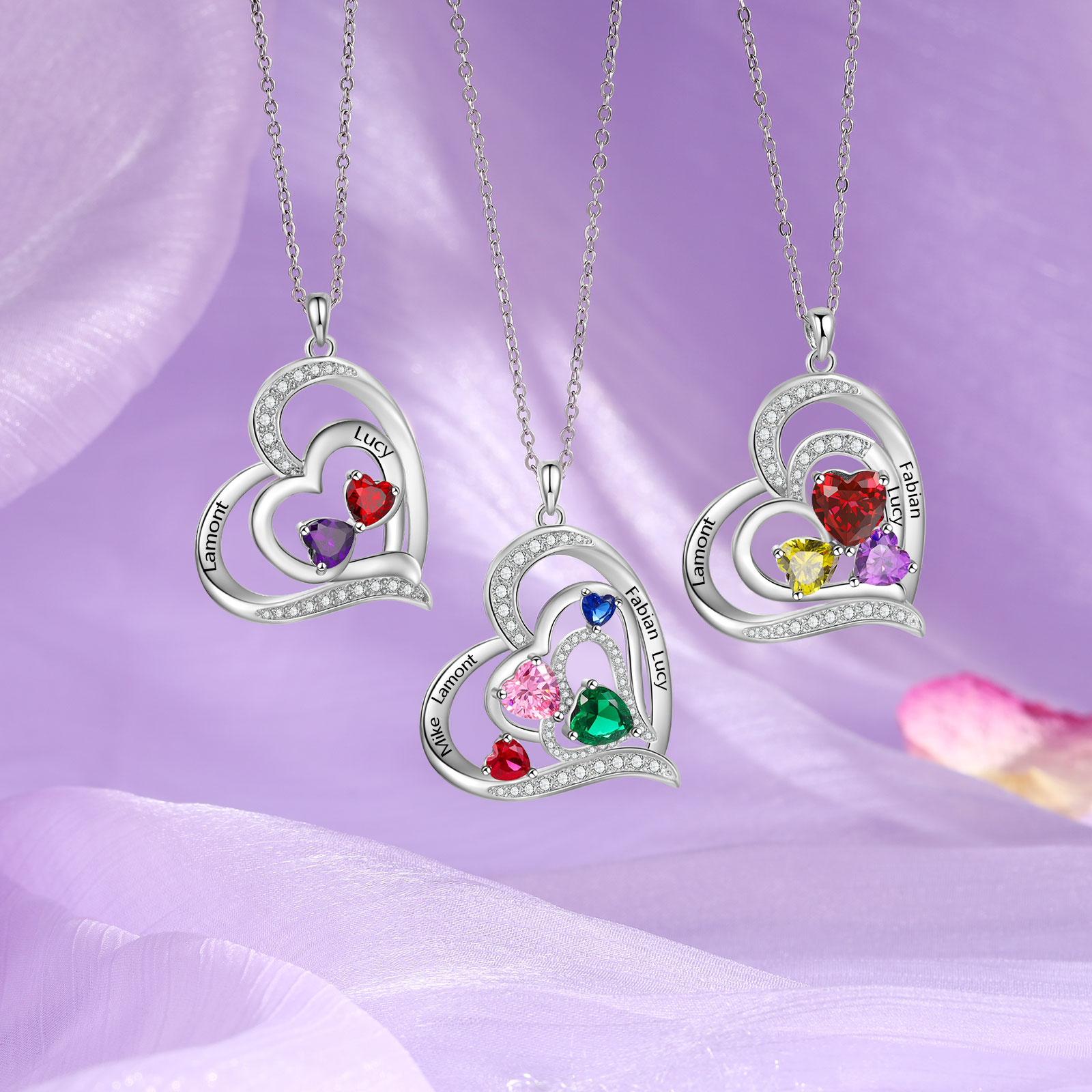 2 Names - Personalized Heart Necklace with Customized Names and Birthstone As Mother's Day Gift for Mom