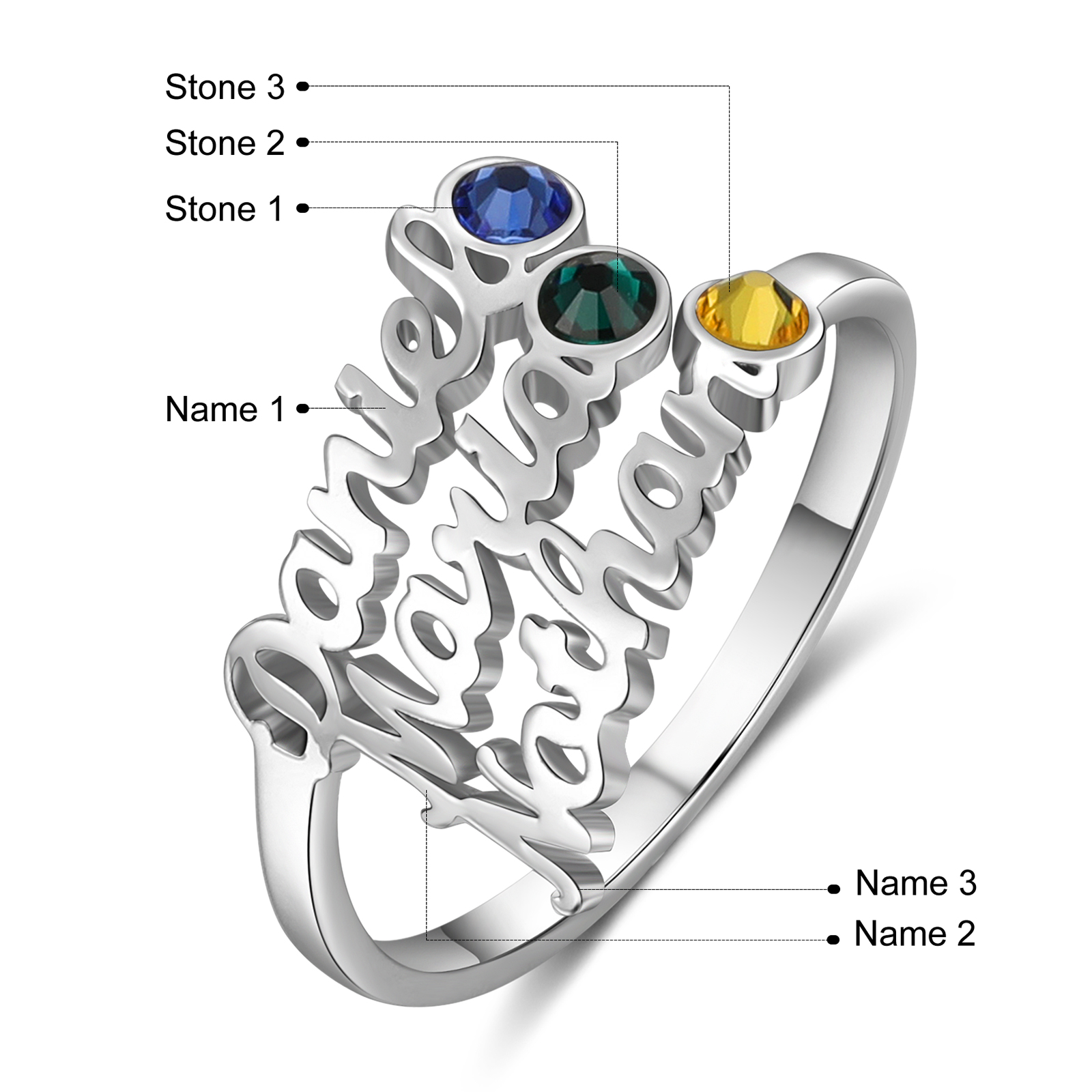 Personalized Birthstone Ring Custom 3 Names Ring Best Gift For Women