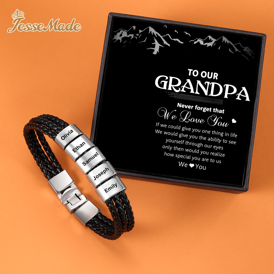 Personalized Braided Leather Bracelet Engraved 5 Names Men's Bracelet Gifts For Him