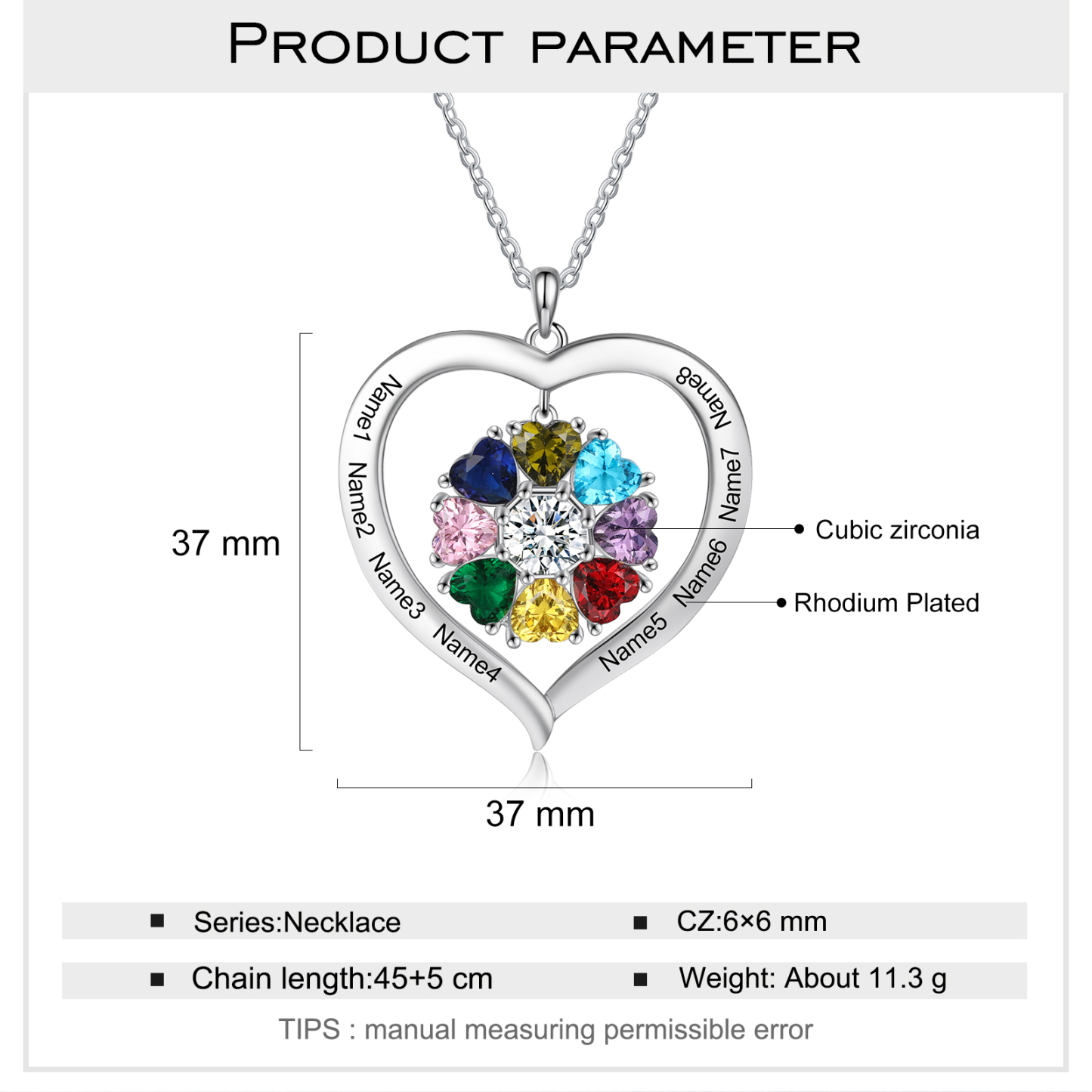 Personalized Heart Pendant Necklace with 8 Birthstones Engraved Names Family Necklace Gifts for Her