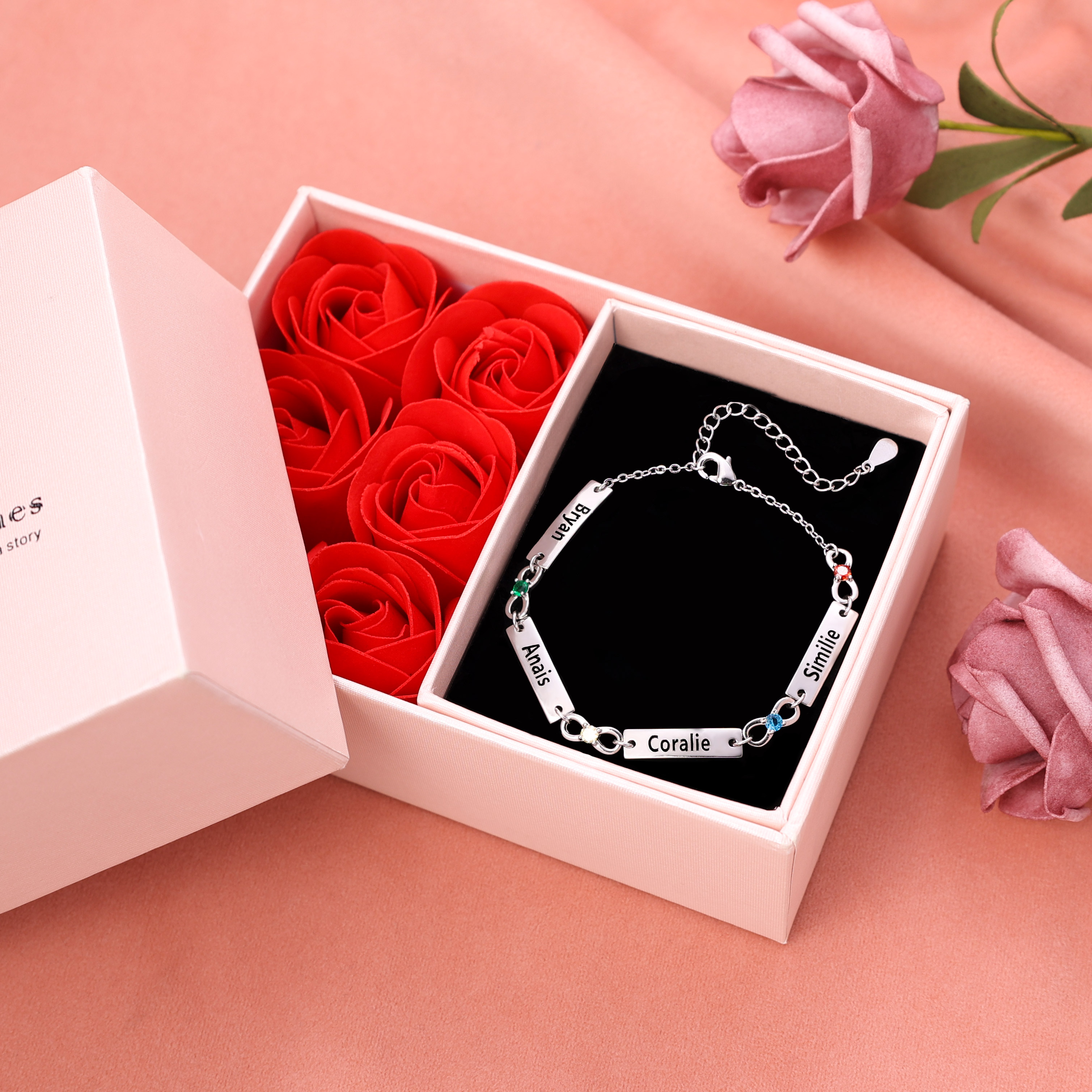 1 Name-Personalized Infinity Bracelet With Rose Gifft Box, Custom Bracelet With 1 Birthstone Engraved Names Bracelet Gift For Women
