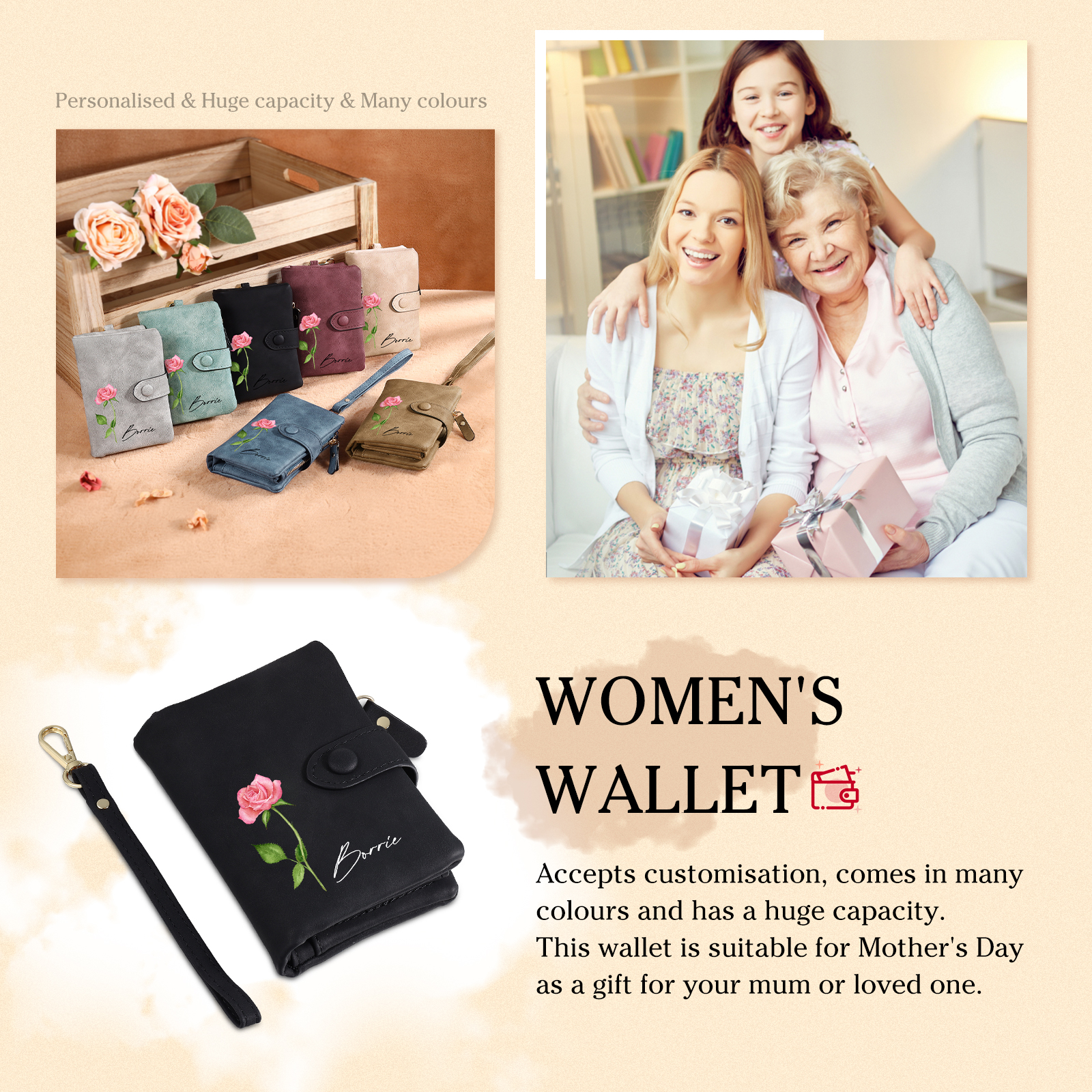 Black Color Personalized Birthday Flower Leather Wallet Engraving Name Wallet Gifts for Women