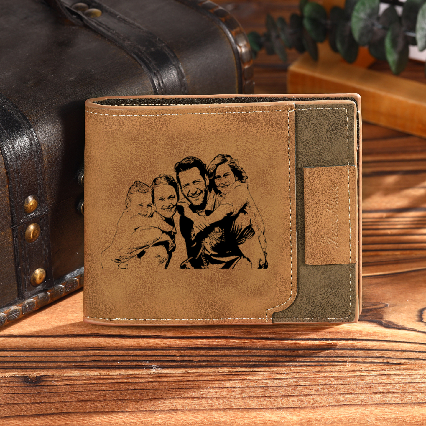 4 Names - Personalized Photo Custom Leather Men's Wallet as a Father's Day Gift for Dad