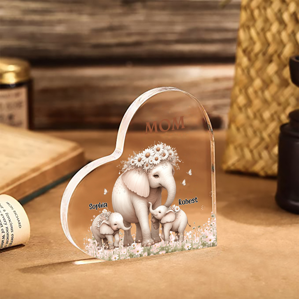 2 Names-Personalized Elephant Acrylic Heart Keepsake Custom Text Acrylic Plaque Ornaments Gifts for Mom