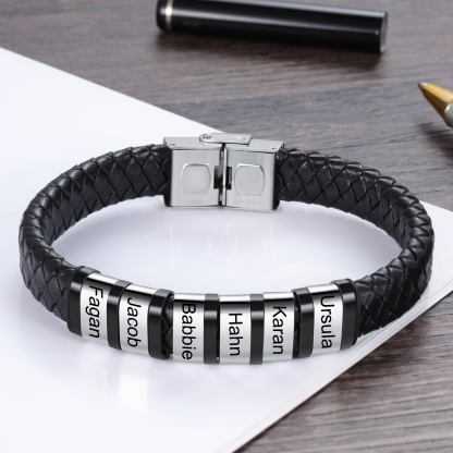 6 Names-Personalized Braided Leather Bracelet Set With Gift Box-Custom Men's Bracelet Engraved 6 Names Gift for Him