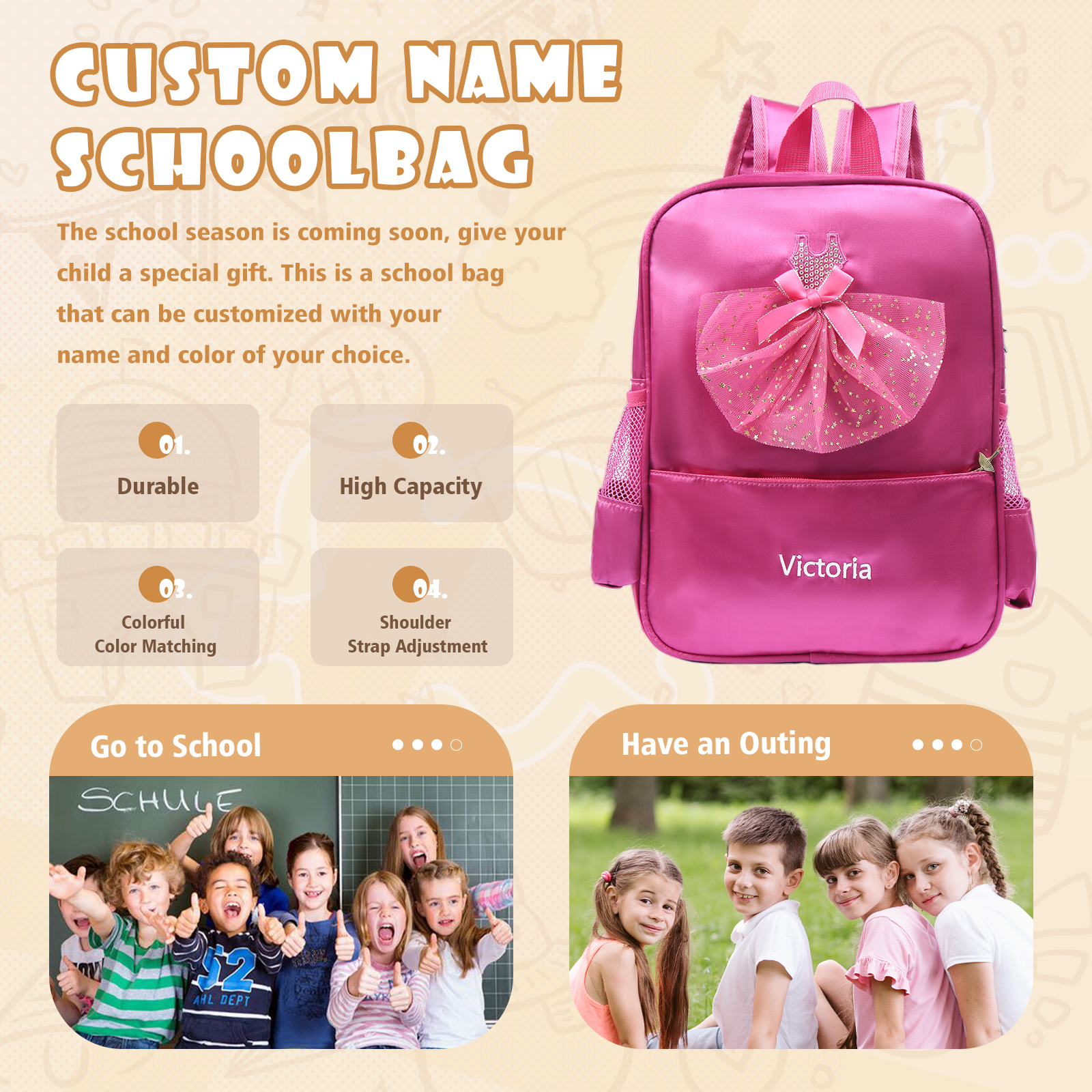 Personalized Name Band Princess Dress Accessories Satin Children Backpack Back To School Gift