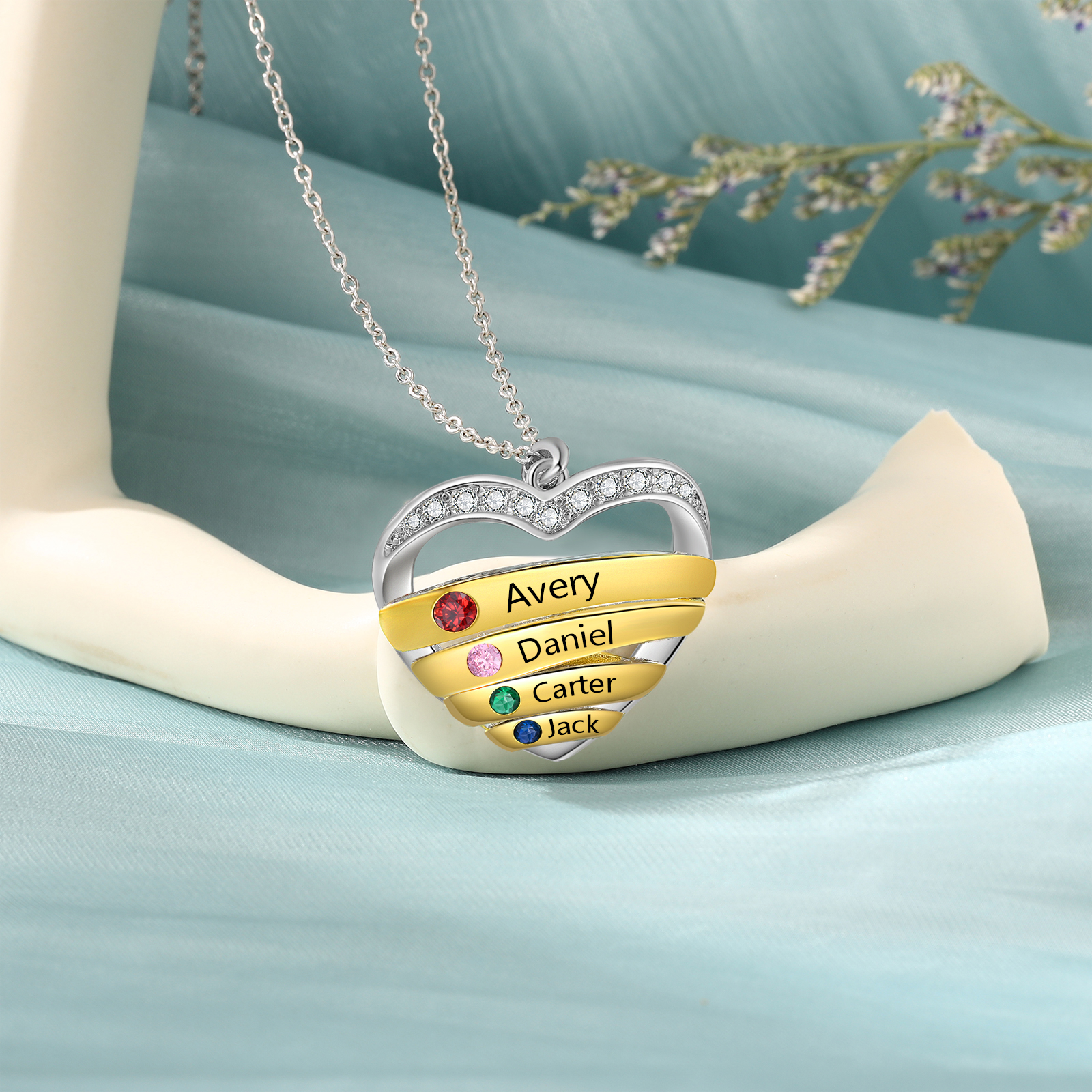 4 Names - Personalized Beautiful Heart Necklace with Custom Name and Birthstone, As a Mother's Day Gift for Mom