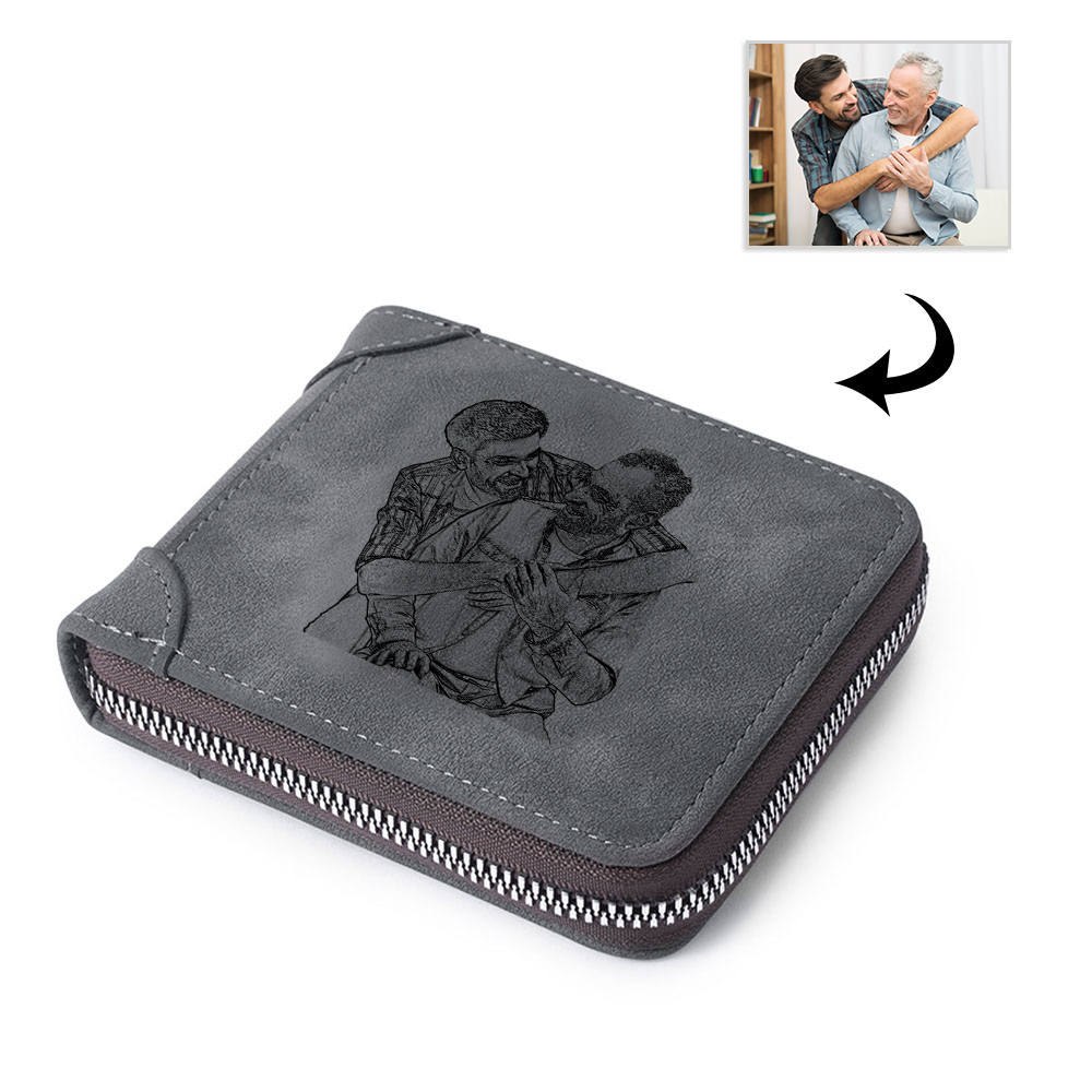 Photo Personalized Leather Zipper Men's Wallet Custom Text Fold Wallet for Dad