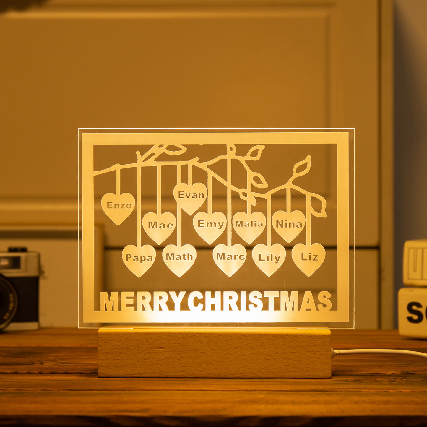 Personalized Family Tree Night Light LED Sign Engraved 11 Names Plaque USB Power Lamp