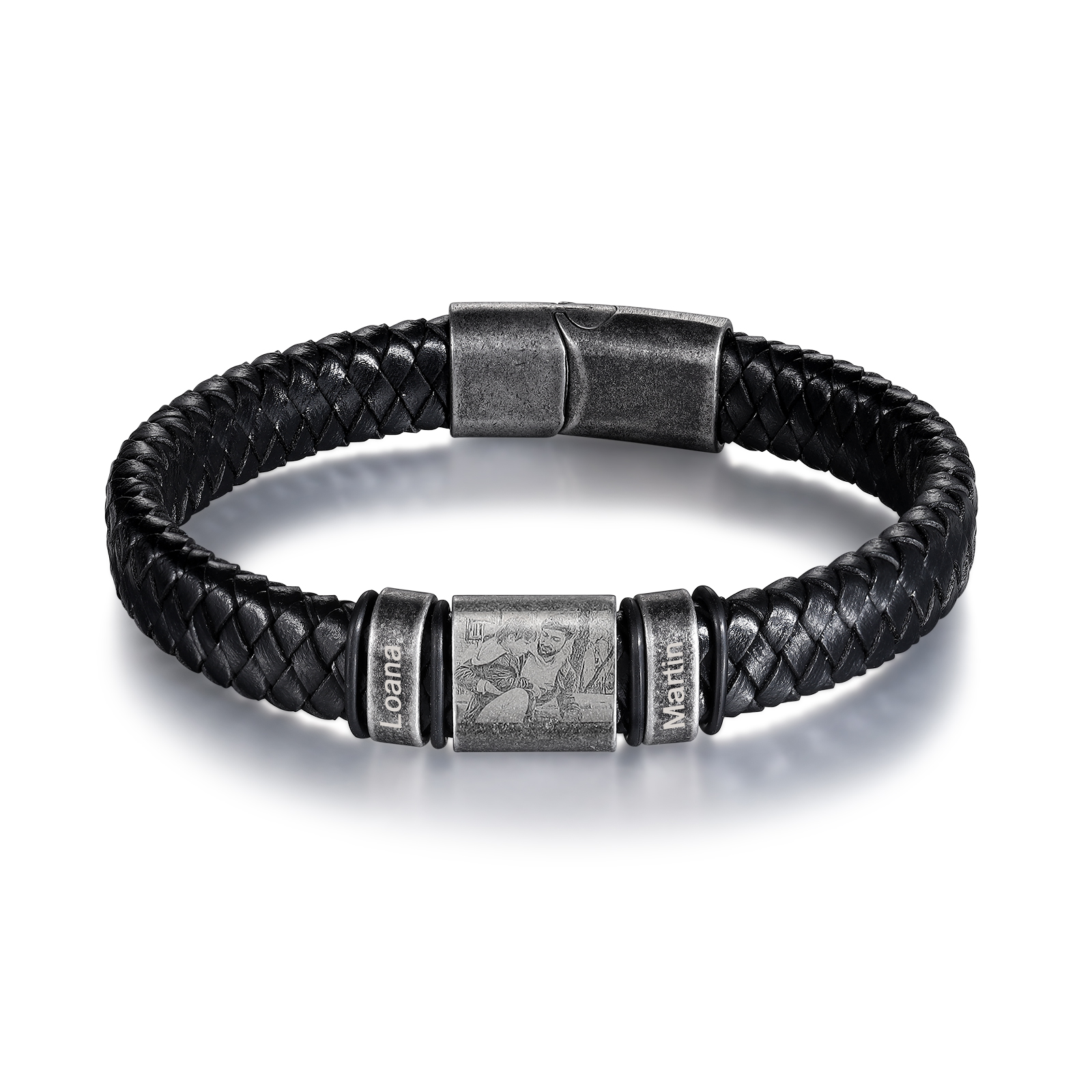 2 Names-Vintage Men's Bracelet Engraved Beads Custom Photo Leather Bracelet Gift for Him