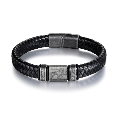 2 Names-Vintage Men's Bracelet Engraved Beads Custom Photo Leather Bracelet Gift for Him