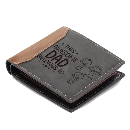 3 Names-Personalized Doll Customized Leather Men's Wallet Customized Name Folding Grey Wallet for Dad