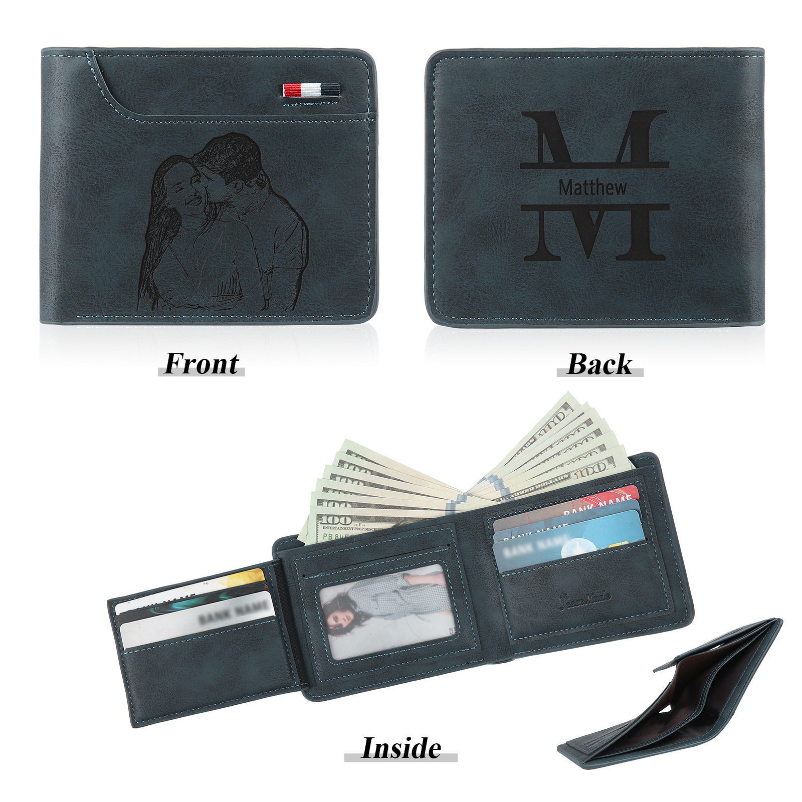 Personalized Name Leather Men's Wallet With Card Slot Engraved Letter And Photo Gift For Him