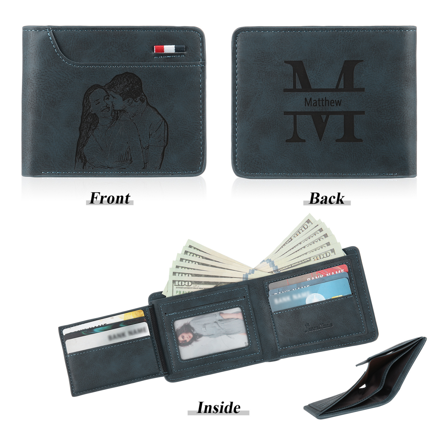 Personalized Name Leather Men's Wallet With Card Slot Engraved Letter And Photo Gift For Him