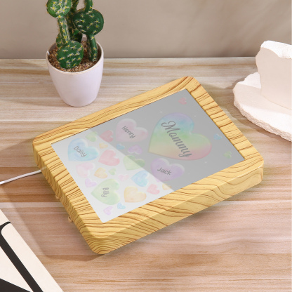 4 Names - Personalized Mom Home Wood Color Plug-in Mirror Photo Frame Custom Text LED Night Light Gift for Mom
