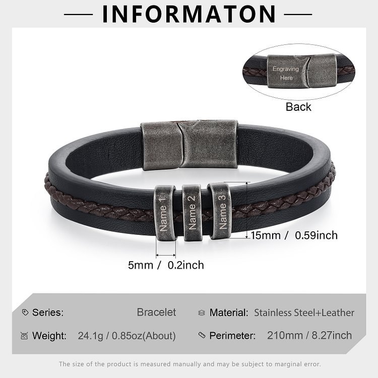 3 Names-Personalized PU Leather Braided Men's Bracelet, Custom 3 Names Bracelets Vintage Gift for Him