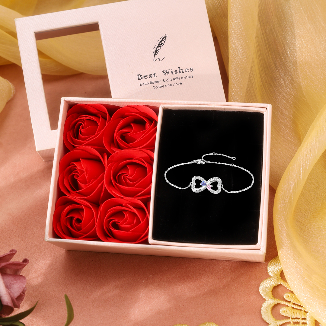 Personalized Heart Bracelet With 2 Heart Birthstones Set With Rose Box Engraved Names Bracelet Gift For Women