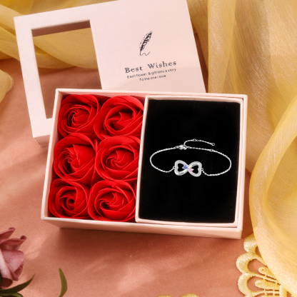 Personalized Heart Bracelet With 2 Heart Birthstones Set With Rose Box Engraved Names Bracelet Gift For Women