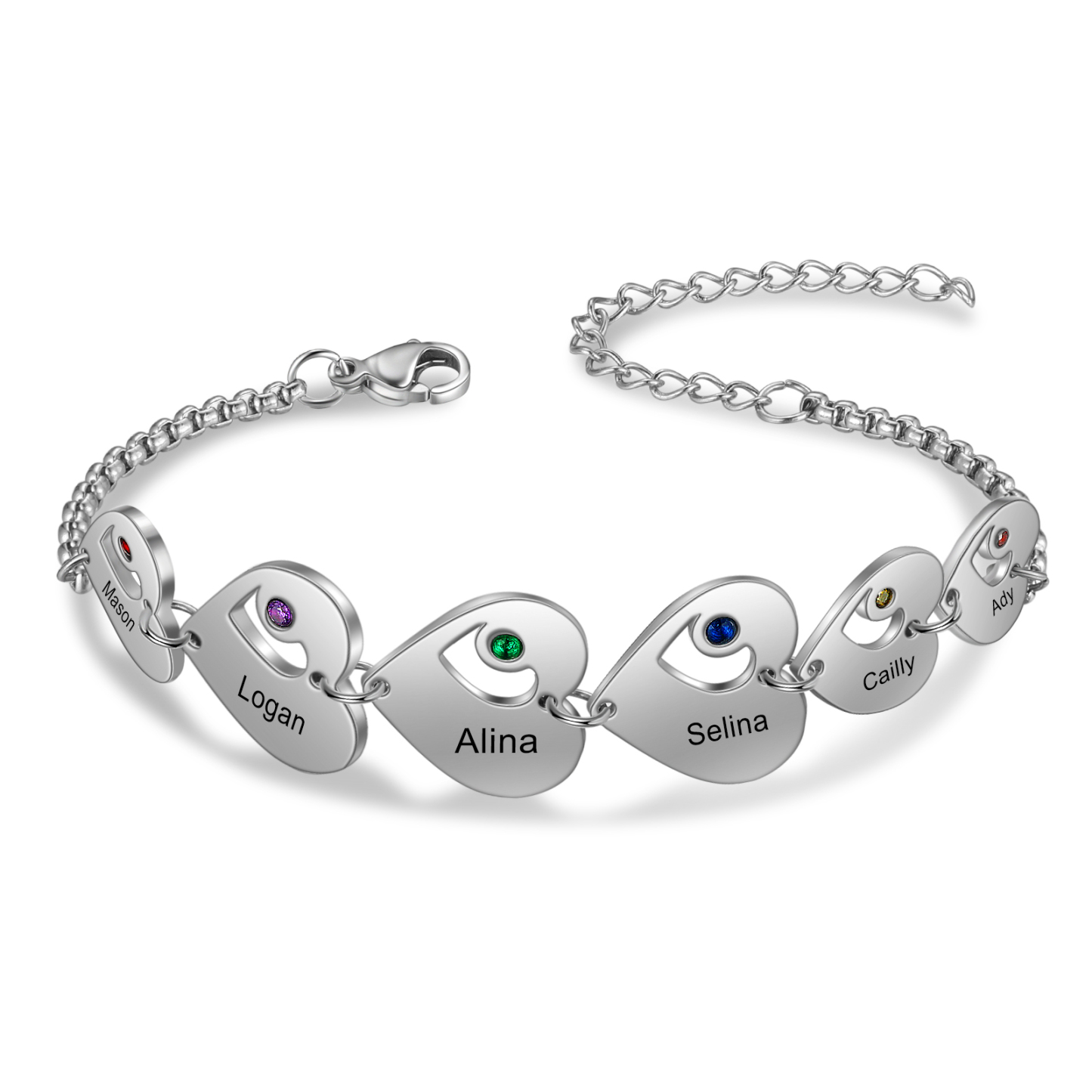 1-5 Name-Personalized Heart Bracelet With Birthstones Set With Gift Box Custom Name Family Bracelet Gifts for Her