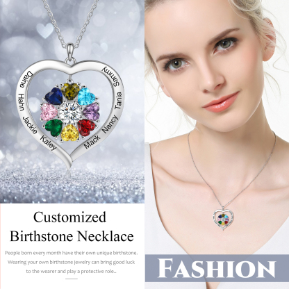 Personalized Heart Pendant Necklace with 8 Birthstones Engraved Names Family Necklace Gifts for Her