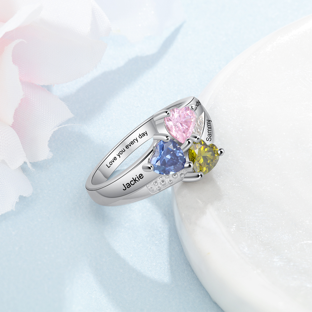 Personalized Heart Birthstone Ring with Engraving 3 Names and 3 Birthstones Ring Gifts For Her | Jessmade