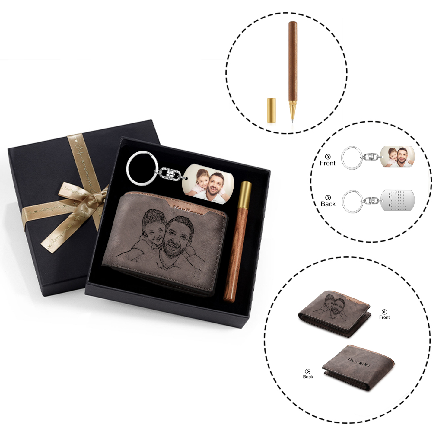 Personalized Leather Wallet Gift Box Set Keychain Strap Customizable 2 Photos 1 Text and 1 Date Gift for Dad
