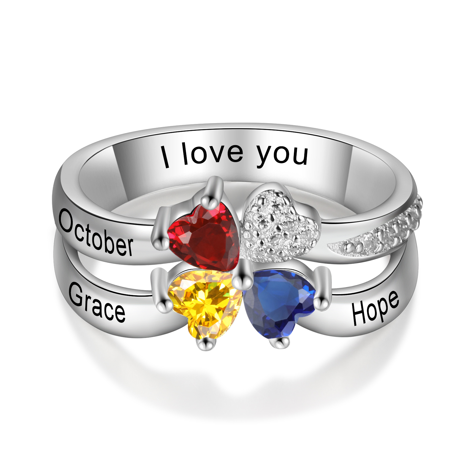 Personalized Ring With 3 Birthstones Engraved Names Ring Best Gift For Women