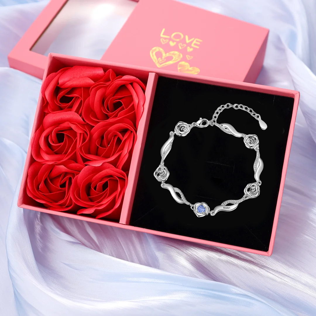 1 Name-Personalized Rose Bracelet With 1 Birthstone Set With Gift Box Custom Names Bracelet Gift For Women