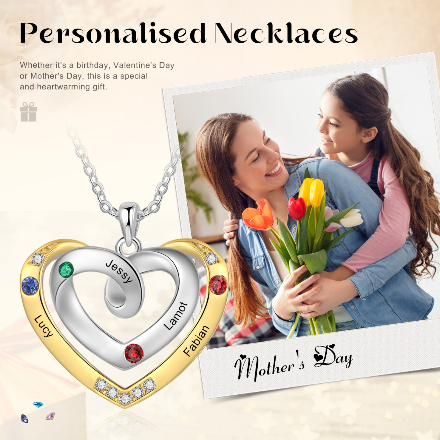 4 Names - Personalized Heart Necklace with Customized Names and Birthstone, A Perfect and Exquisite Gift for Her