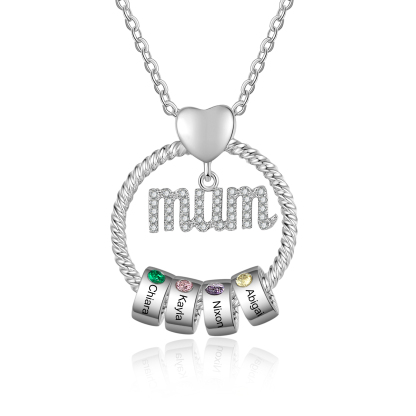 Personalized Circle Necklace With 4 Birthstones Pendant Engraved Names Gift For Mum