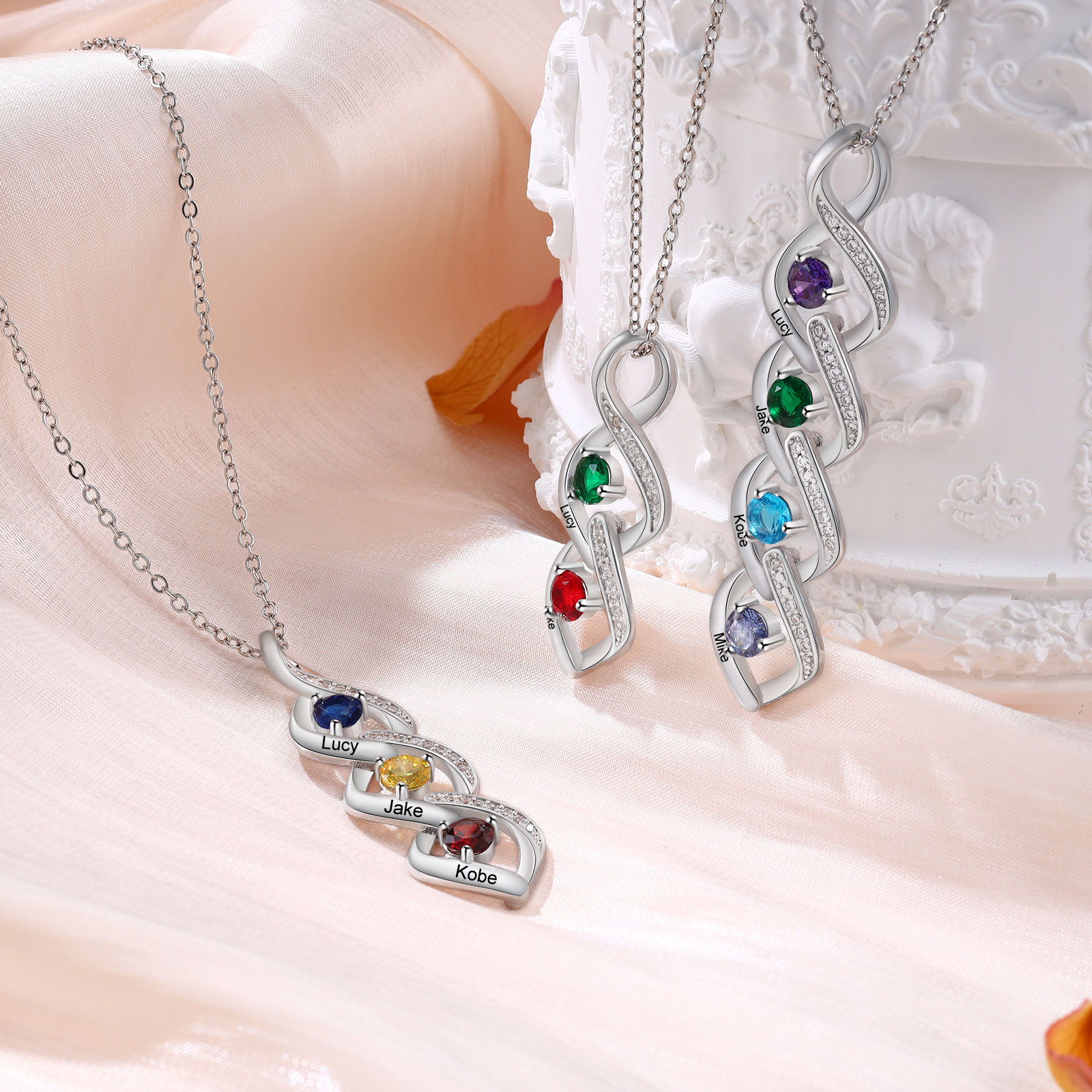 Personalized Hearts Necklace Custom 3 Names & 3 Birthstones Necklace Gifts for Her | Jessemade