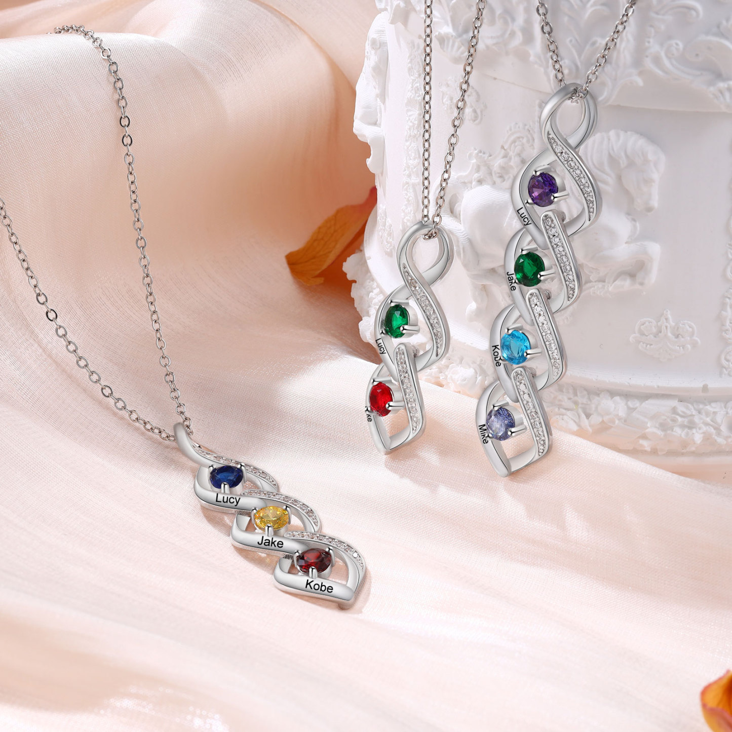 Personalized Hearts Necklace Custom 3 Names & 3 Birthstones Necklace Gifts for Her | Jessemade
