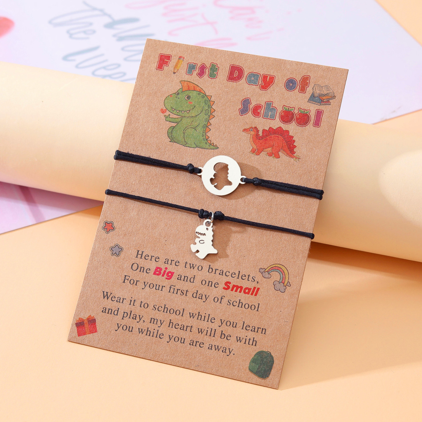 Dinosaur Bracelet-First Day of School Dinosaur Bracelet Set, Adjustable Bracelets Gift With Gift Card For Kids