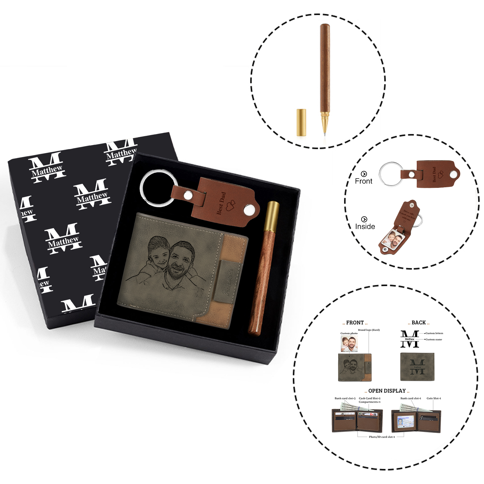 Personalized Leather Wallet Gift Box Set with Keychain Customizable Photo,Text ,Name and Letter Wallet Gift for Him