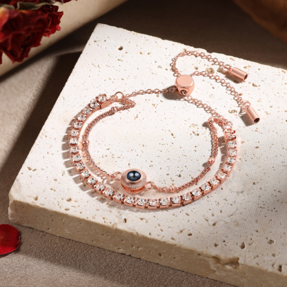 Personalized Photo Projection Bracelet with Double Rhinestone Row Adjustable Women’s Bracelet