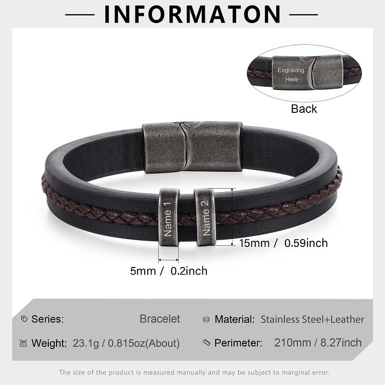 2 Names-Personalized PU Leather Braided Men's Bracelet, Custom 2 Names Bracelets Vintage Gift for Him