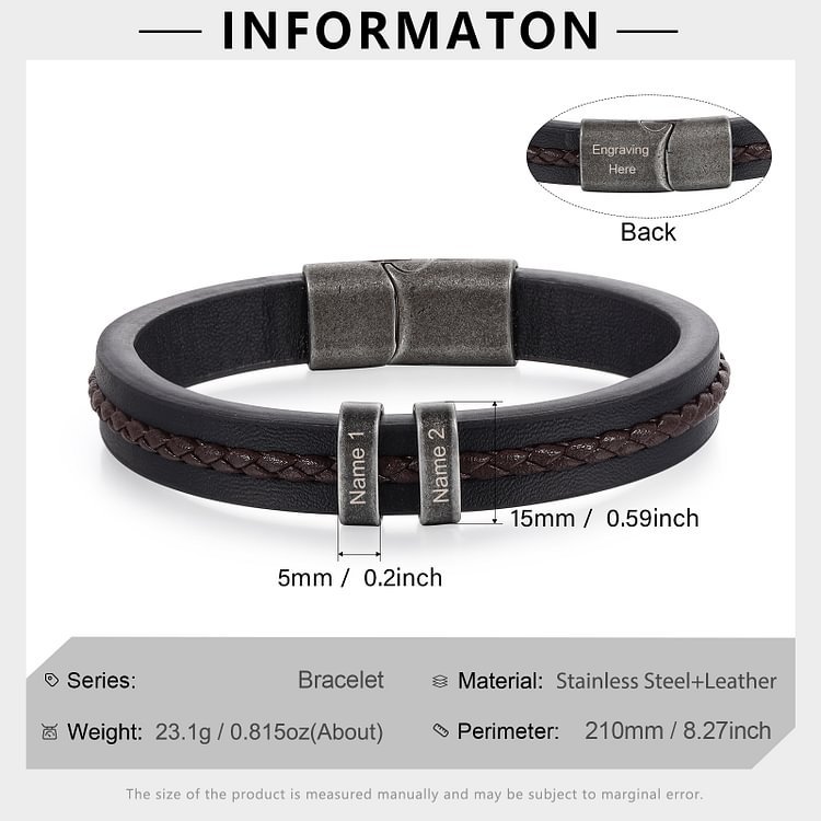 2 Names-Personalized PU Leather Braided Men's Bracelet, Custom 2 Names Bracelets Vintage Gift for Him
