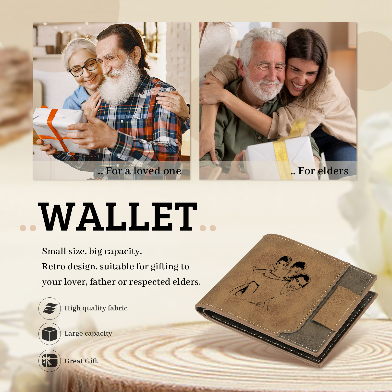 3 Names - Personalized Photo Custom Leather Men's Wallet as a Father's Day Gift for Dad