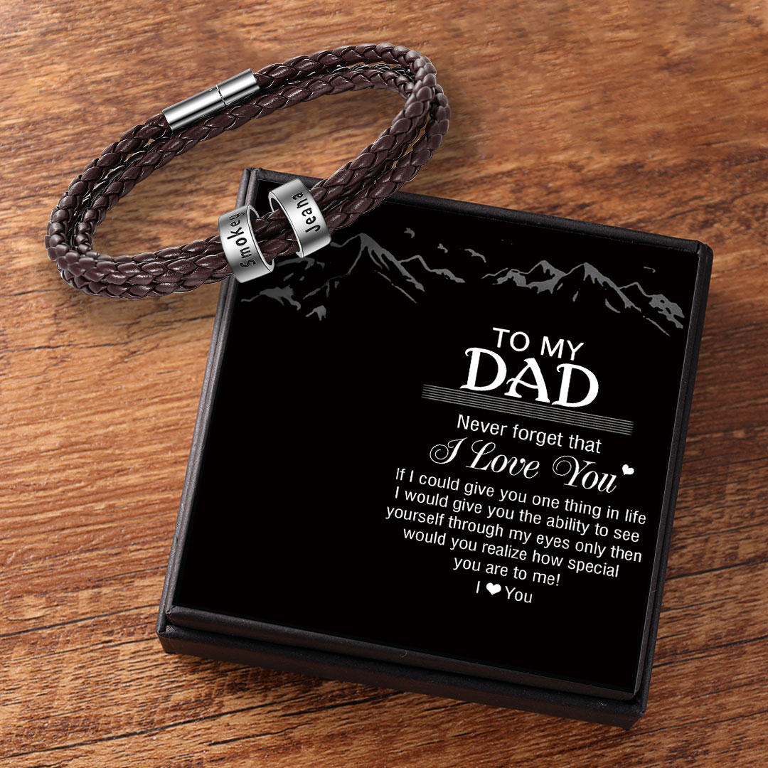 Leather Braided Bracelet Men Bracelets Personalized 2 Names 2 Beads Gift For Dad