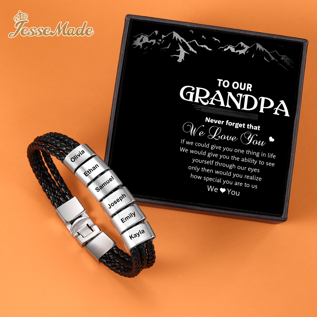 Personalized Braided Leather Bracelet Engraved 6 Names Men's Bracelet Gifts For Him