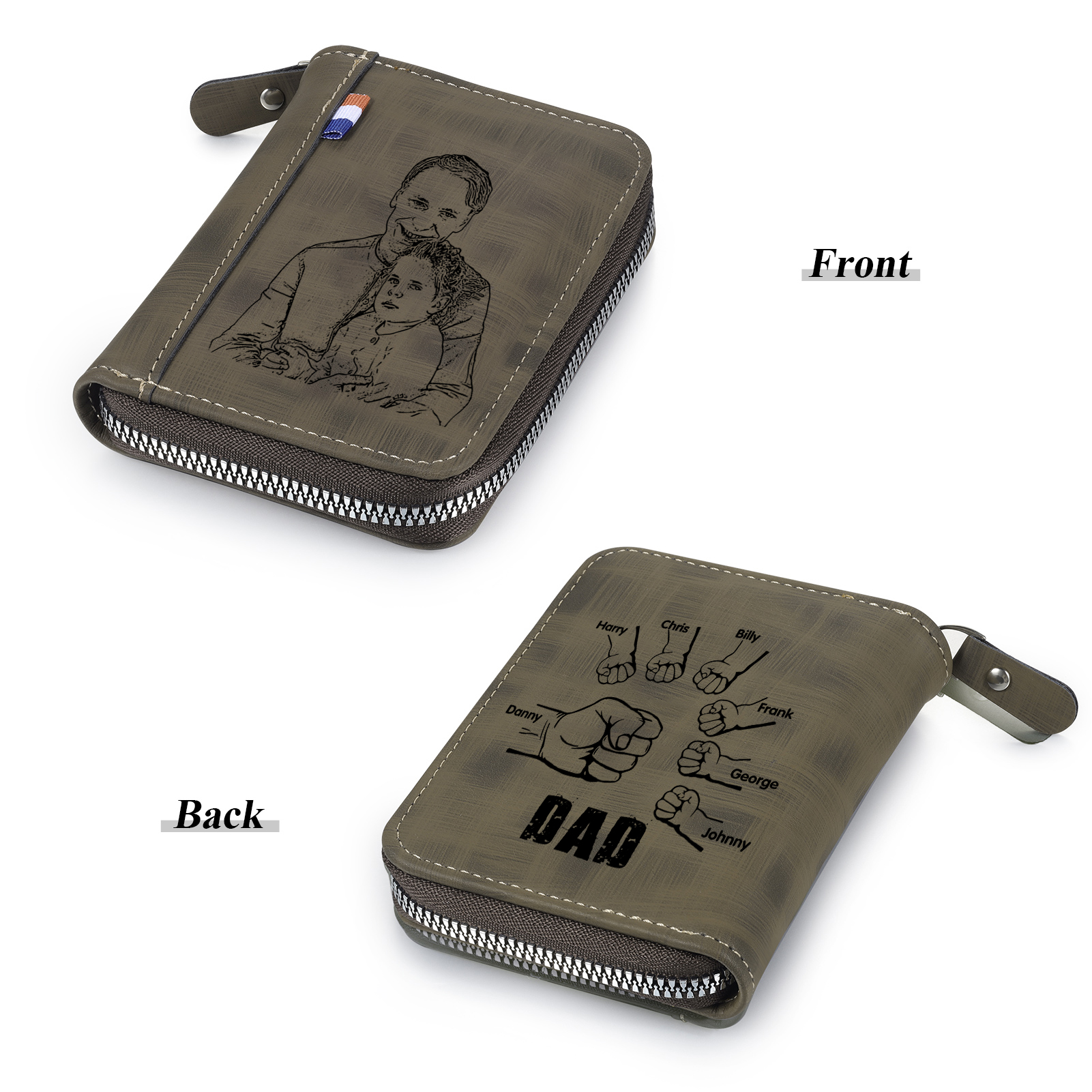 7 Names - Personalized Photo Text Custom Leather Men's Wallet Custom Name Zipper Wallet for Dad