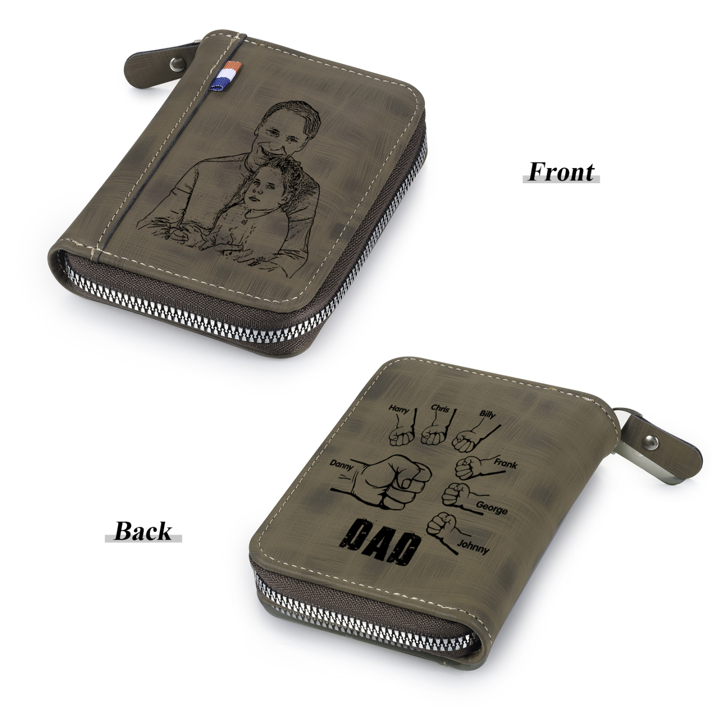 7 Names - Personalized Photo Text Custom Leather Men's Wallet Custom Name Zipper Wallet for Dad