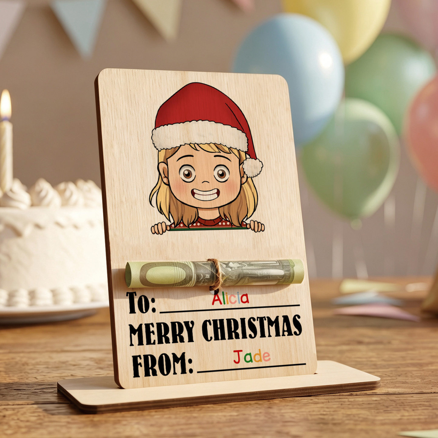 Personalized Wooden Christmas Money Holder with 2 Names Cash Gift Card for Child