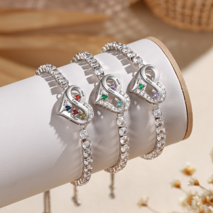 Personalized Infinity Heart Tennis Bracelet with 2–4 Names and Birthstones
