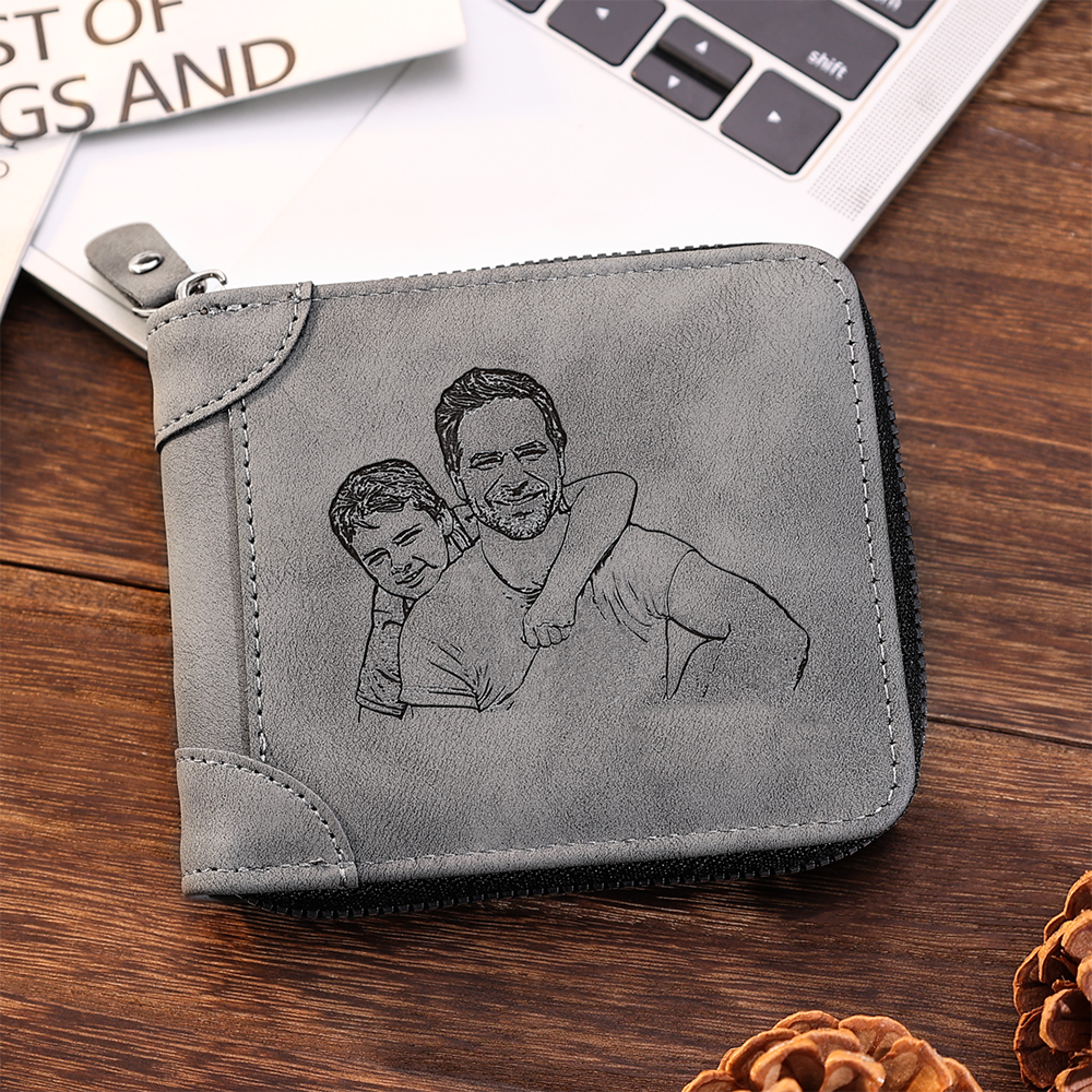 Photo Personalized Leather Zipper Men's Wallet Custom Text Fold Wallet for Dad
